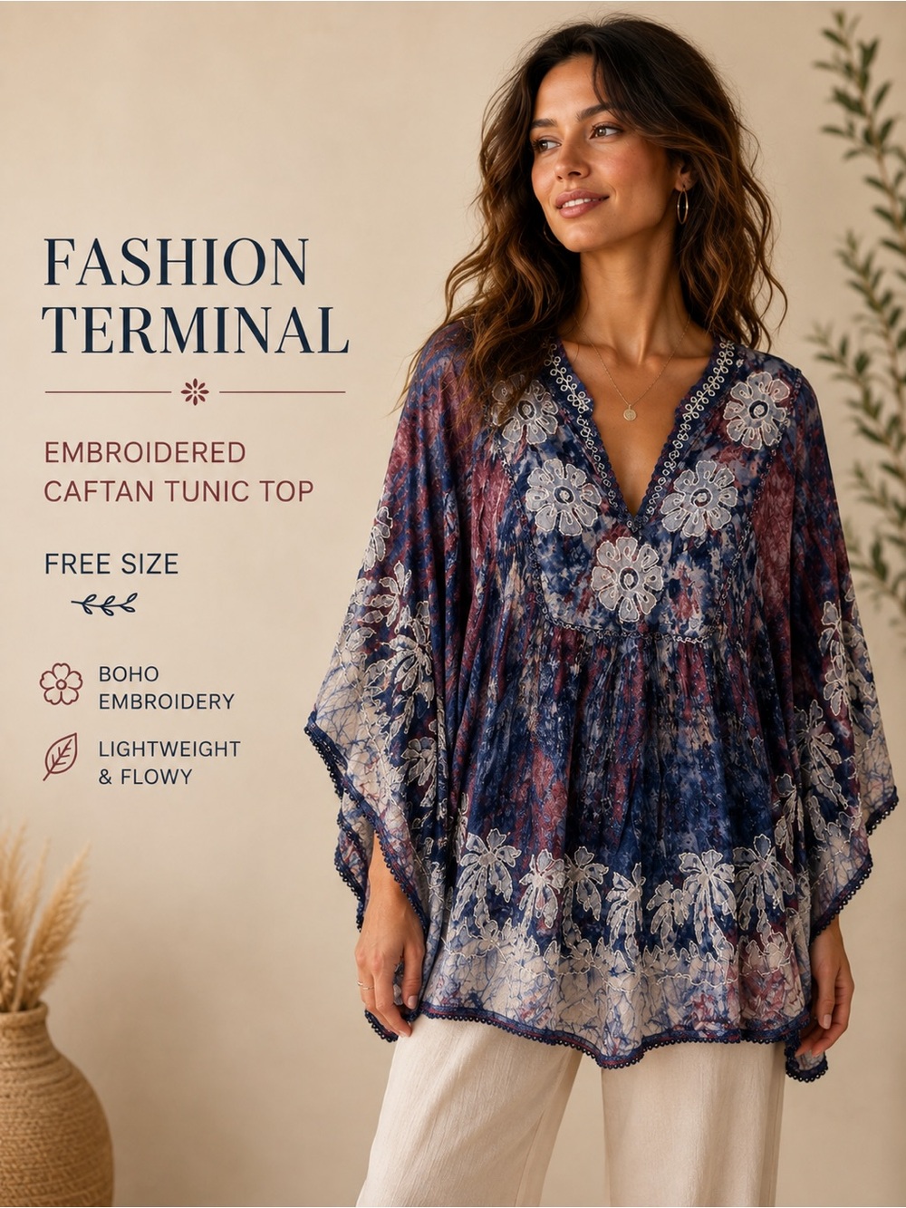 Embroidered Navy & Burgundy Caftan Tunic Top